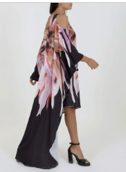 Feather Print Asymmetric Off-Shoulder Dress