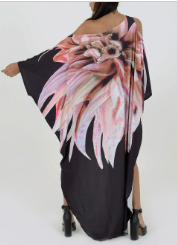Feather Print Asymmetric Off-Shoulder Dress