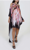 Feather Print Asymmetric Off-Shoulder Dress